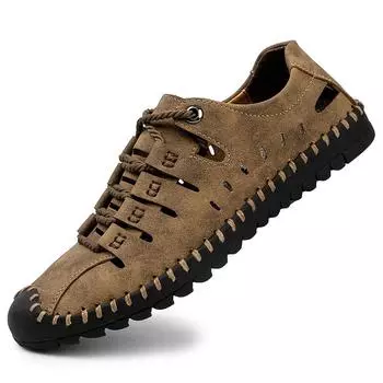 Новые летние дышащие мужские сандалии из натуральной кожи в римском стиле, мужская повседневная обувь ручной работы с сеткой на платформе, уличные пляжные сандалии с сеткой для пешего туризма 38 чёрный