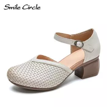 Новые летние дышащие сандалии Baotou в стиле ретро на маленьком каблуке, тканая модная женская обувь для пригородных поездов 35 коричневый