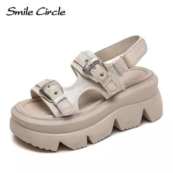 Новые летние дышащие сандалии с толстой подошвой на липучке, новая женская обувь из воловьей кожи в национальном стиле с увеличивающей высотой головы 35 чёрный