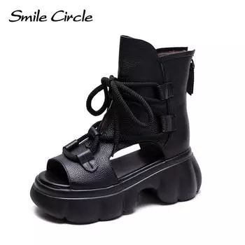 Новые летние дышащие сандалии с толстым дном в стиле «рыбий рот», сандалии в стиле ретро с круглой головкой, универсальная удобная женская обувь 35 чёрный