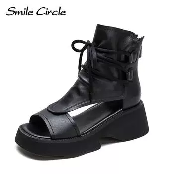 Новые летние дышащие сандалии с толстым дном в стиле «рыбий рот», повседневные крутые ботинки в стиле ретро, женская обувь в британском стиле 35 чёрный