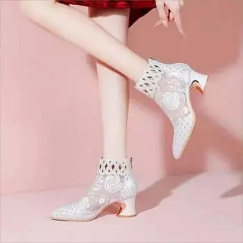 Новые летние дышащие сандалии в сетку с украшением из стразов, сандалии в форме ретро на каблуке в британском стиле, женские кожаные сапоги 35 бежевый