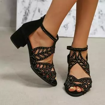 Новые летние дышащие туфли с круглым вырезом и стразами, сумка с римской женской обувью 35 чёрный