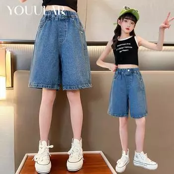 Новые летние джинсовые шорты для девочек, детские брюки средней длины, тонкие широкие брюки 120