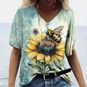 Новые летние футболки с принтом Honey Bee 3D, женская повседневная модная уличная одежда, футболка с коротким рукавом и V-образным вырезом, футболки Harajuku, топы, одежда S
