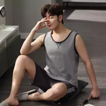 Новые летние хлопковые тонкие майки, пижамы, мужская домашняя одежда, повседневный костюм больших размеров L чёрный