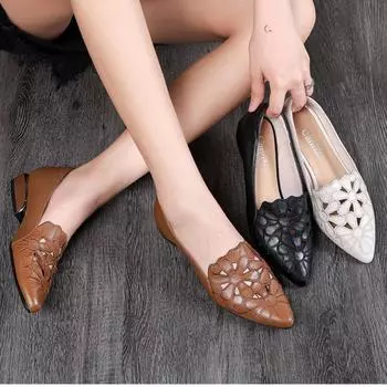 Новые летние и осенние женские туфли на низком каблуке. Дышащие рабочие женские сандалии из мягкой кожи. Женские одинарные туфли с мягкой вышивкой. 35 чёрный