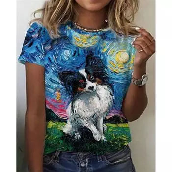 Новые Летние Элегантные Женские Топы с Абстрактным Модным Принтом Живопись Круглый Вырез Оверсайз Футболки Женский Повседневный Пуловер XS