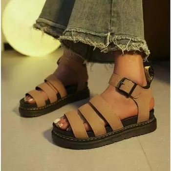 Новые летние классические кожаные сандалии, женские пляжные туфли с открытым носком и римской пряжкой, кожаные сандалии с толстым носом и открытым носком, с открытым носком 39 чёрный