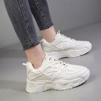 Новые летние кроссовки на платформе, женские студенческие однотонные модные утягивающие повседневные туфли на шнуровке для папы, женские туфли 35