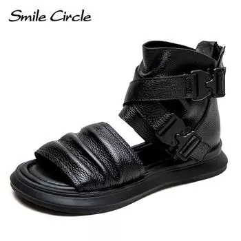 Новые летние крутые ботинки на плоской подошве с высоким берцем, удобные римские сандалии, легкая роскошная женская обувь 34 чёрный