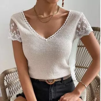 Новые летние кружевные повседневные свободные рубашки с V-образным вырезом для женщин, модные тонкие облегающие однотонные простые блузки с открытой спиной, женские топы, элегантная винтажная женская рубашка 26211 S слоновая кость