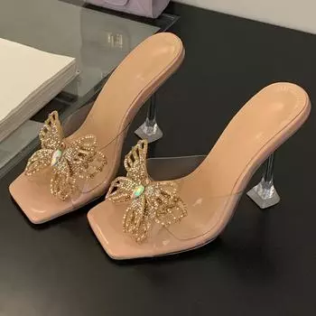 Новые летние квадратные носы со стразами и бабочками, прозрачные босоножки-мюли, блестящие винные бокалы, сексуальные женские туфли на высоком каблуке 35