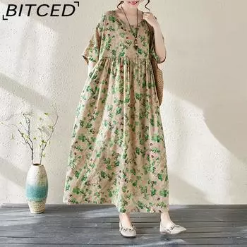 Новые летние литературные ретро платья больших размеров с короткими рукавами и принтом, большие свободные платья One Size жёлтый