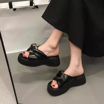 Новые летние модные элегантные повседневные сандалии на платформе, однотонные легкие черные тапочки с круглым носком, НЕТ:509 35