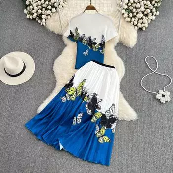 Новые летние модные офисные комплекты с принтом из двух предметов, женские топы с короткими рукавами, блузки и длинные плиссированные юбки миди, комплект XXL