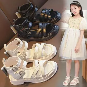 Новые летние модные римские пляжные сандалии для девочек, обувь принцессы, детские сандалии, универсальные сандалии для девочек, туфли с открытым носком 27