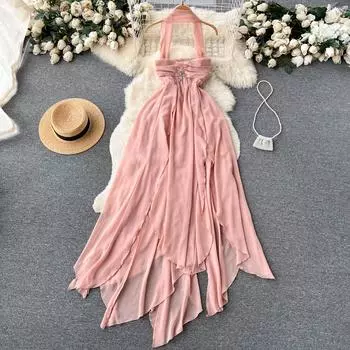 Новые летние модные сексуальные пляжные праздничные платья макси с лямкой на шее и открытой спиной, женские однотонные нерегулярные шифоновые богемные платья S розовый