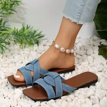 Новые летние модные тапочки, женские пикантные сандалии на плоской подошве, повседневные женские пляжные тапочки на песке, элегантные тапочки с открытым носком, большие размеры 42 35 небесно-голубой