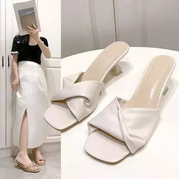 Новые летние модные туфли на каблуке-кошке, повседневные полутапочки на тонком каблуке, простые босоножки с одной линией на высоком каблуке с заостренным носком 35