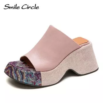 Новые летние модные уличные тапочки в национальном стиле на толстой подошве в национальном стиле, женская обувь на высоком каблуке-сотке 35 чёрный