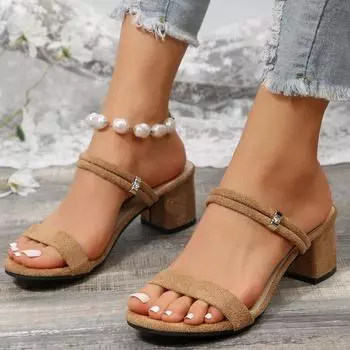 Новые летние модные замшевые двойные удобные сандалии на тонком ремешке, пикантные элегантные модные тапочки на толстом каблуке, НЕТ:707 36