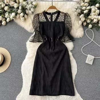 Новые летние модные женские офисные рабочие платья в черный горошек, женские элегантные вечерние платья с v-образным вырезом и короткими рукавами