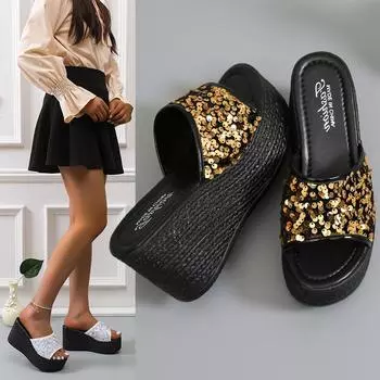 Новые летние модные женские тапочки на танкетке, тапочки на толстой подошве, тапочки с пайетками и рыбьим ротом, большие размеры 43, Zapatillas De Mujer 34 белый