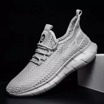 Новые летние мужские дышащие сетчатые кроссовки на шнуровке черного, серого, бежевого цвета, дышащие кроссовки для ходьбы в повседневном стиле 6.5 чёрный