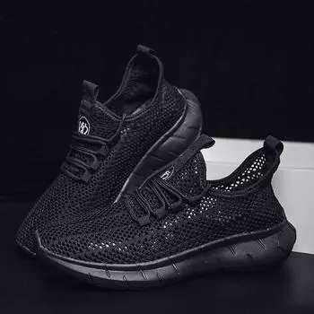 Новые летние мужские дышащие сетчатые кроссовки на шнуровке черного, серого, бежевого цвета, дышащие кроссовки для ходьбы в повседневном стиле 6.5 чёрный