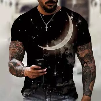 Новые летние мужские футболки с рисунком Луны, модные футболки с принтом в виде природных пейзажей, повседневные футболки с коротким рукавом и круглым вырезом S