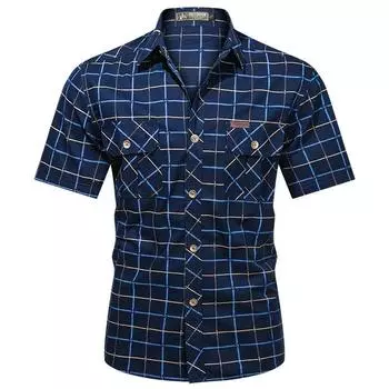 Новые летние мужские клетчатые рубашки, мужские военные рубашки для активного отдыха с несколькими карманами, качественные мужские рубашки большого размера с короткими рукавами 5XL S синий