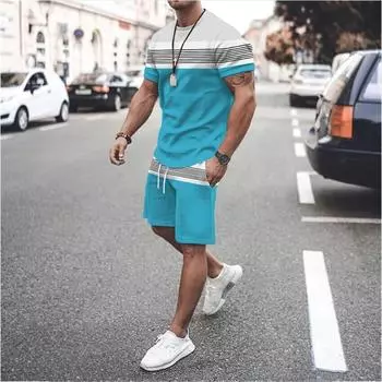 Новые летние мужские комплекты, 3D спортивный костюм, модная одежда для мужчин, футболка, шорты, повседневная уличная одежда из 2 предметов, мужской черный костюм большого размера S