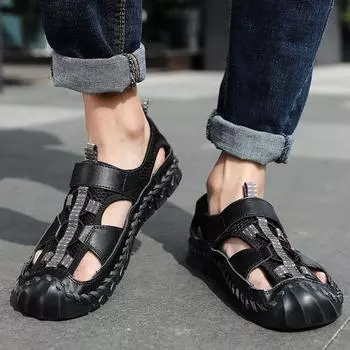 Новые летние мужские модные сандалии большого размера сшитые вручную с противоударной сумкой на голову пляжные сандалии для ходьбы 38 чёрный