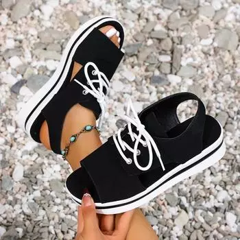 Новые летние новые сандалии женские модные с круглым носком открытый носок полая шнуровка спереди мягкая подошва нескользящая средний каблук плоская обувь 36 красный