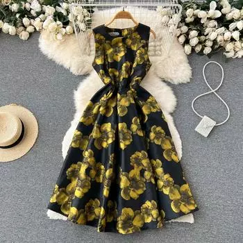 Новые летние осенние вечерние платья без рукавов с золотым принтом на бретелях, женские длинные миди с круглым вырезом, праздничное пляжное платье-жилет