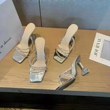 Новые летние пикантные модные женские сандалии с открытым носком, блестящие женские туфли на высоком каблуке с квадратной головкой и большим дизайном 34 серебряный