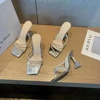 Новые летние пикантные модные женские сандалии с открытым носком, блестящие женские туфли на высоком каблуке с квадратной головкой и большим дизайном 36