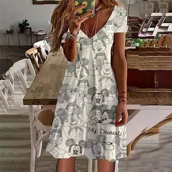 Новые летние платья 2024 года для женщин с принтом Микки Мауса в стиле Диснея, женская одежда, повседневное платье в стиле ретро с коротким рукавом, свободное платье больших размеров S
