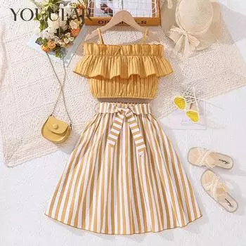 Новые летние подтяжки для девочек, топы на одно плечо, полосатые комплекты из 2 предметов, детская одежда