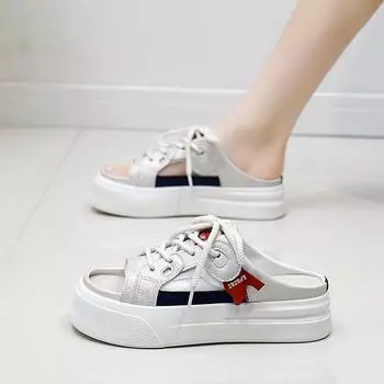 Новые летние полутапочки с закрытым носком, женская уличная обувь, повседневные белые туфли без шнуровки на тонкой подошве 35