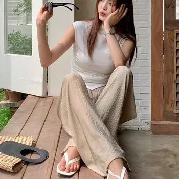 Новые летние повседневные брюки для женщин, тонкие, легкие, дышащие, прямые брюки с прохладным ветерком, широкие брюки с высокой талией и слегка мятыми брюками. M