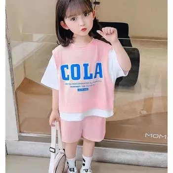 Новые летние повседневные футболки для девочек, костюмы в корейском стиле для маленьких девочек-подростков, контрастные цвета с короткими рукавами, комплекты одежды из 2 предметов 90cm розовый