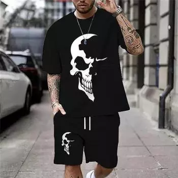 Новые летние повседневные мужские футболки с принтом черепа, комплект модных уличных футболок, свободные дышащие мягкие дышащие шорты большого размера с короткими рукавами и шорты 4XL