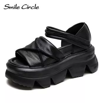 Новые летние повседневные сандалии с толстой подошвой в стиле ретро, модная женская обувь с открытым носком на липучке в стиле ретро 34 чёрный