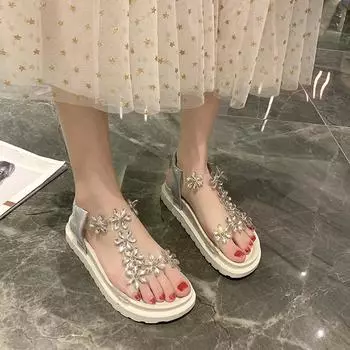 Новые летние повседневные удобные однотонные женские туфли на плоской подошве из ПВХ с цветочным декором, модные легкие сандалии НЕТ:Е2710 35