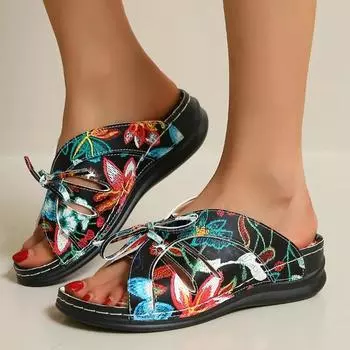 Новые летние римские сандалии с открытым носком, однотонные тапочки, женские повседневные пляжные тапочки, тапочки на танкетке с бантом, женские шлепанцы 36