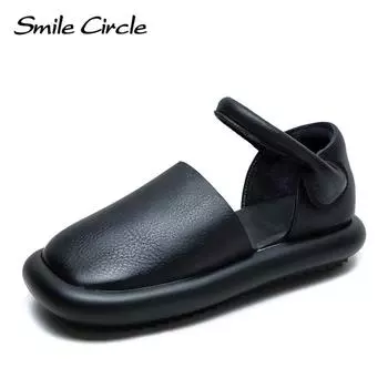 Новые летние сандалии Baotou на одном ремешке в стиле ретро, женская обувь с мягкой поверхностью из воловьей кожи на липучке 35 чёрный