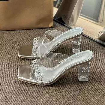 Новые летние сандалии для женщин, модные тапочки с квадратной головкой и неглубоким горлом, со стразами, прозрачные, со словами темперамента и кристаллами 35 серебряный