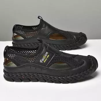 Новые летние сандалии, дышащая мужская обувь, кожаные сетчатые уличные мужские сандалии, нескользящие пляжные сандалии, обувь на плоской подошве 38 чёрный